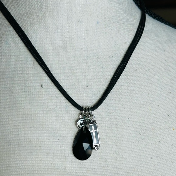 Brighton Blessings Cross Necklace 3 Pendants Crystal Black Cord Silver Plated - Picture 7 of 11